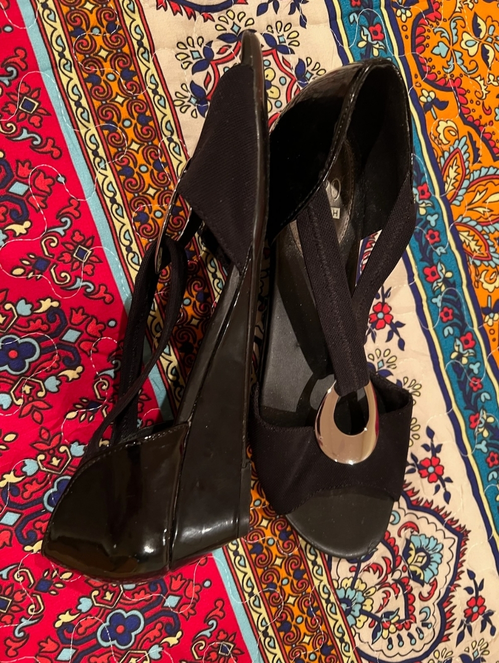 Impo Black Patent & Fabric Wedge Sandals with Silver Accent